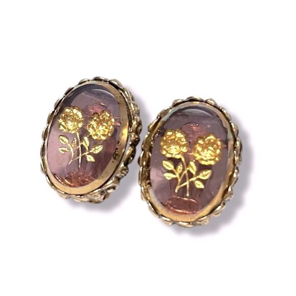 Vintage Whiting & Davis Floral Intaglio Clip Earrings - Picture 4 of 8